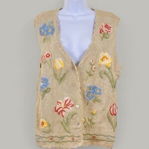 VTG Koret Francisca Women Grandma Vest M Cottagecore Embroidered Floral Fairy